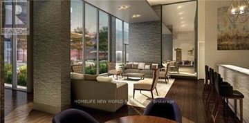 Toronto (Moss Park) condo for rent - A living room with a couch and chairs with a sign that says "HOMELIFE NEW WORLD".