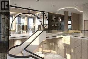 Brampton (Fletcher's Creek South) condo for rent - A modern interior space with a curved staircase and a glass wall.