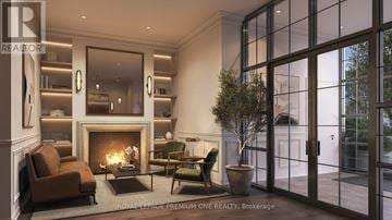 Toronto (Kingsway South) condo for rent - A living room with a fireplace and a large window.