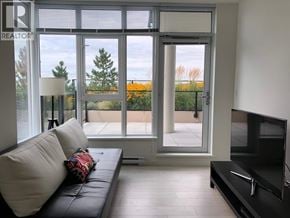 Coquitlam apartment for rent - A living room with a couch, a television, and a large window with a view of the outdoors.
