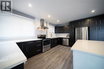 Cambridge apartment for rent - A modern kitchen with black cabinets and stainless steel appliances.