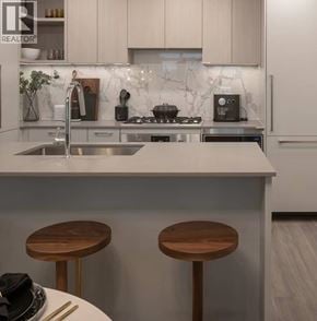 Burnaby apartment for rent - A modern kitchen with a marble backsplash and white cabinets.