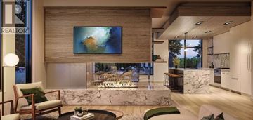 Burnaby apartment for rent - A modern living room with a fireplace and a painting on the wall.