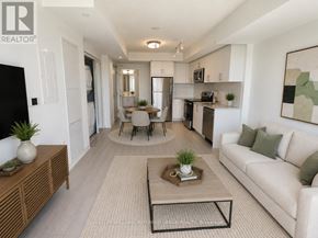 Toronto (Humber Heights) condo for rent - A modern living room with a white couch, a coffee table, and a dining table with chairs.