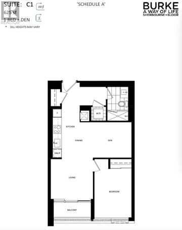 Toronto (North St. James Town) condo for rent - A black and white image of a floor plan for a suite in Burke A Way of Life.