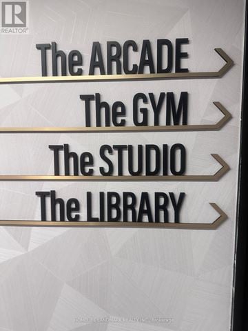 Toronto (Trinity-Bellwoods) condo for rent - A sign pointing to the Arcade, Gym, Studio, and Library.