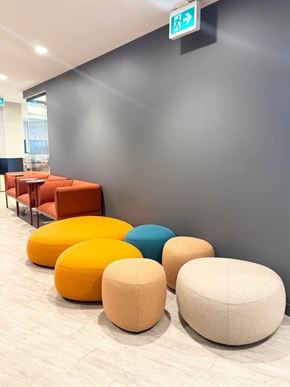 Surrey apartment for rent - A row of colorful ottomans are lined up against a grey wall.