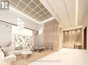 Toronto (Regent Park) condo for rent - A modern living room with a white sofa, a wooden coffee table, and a large window.
