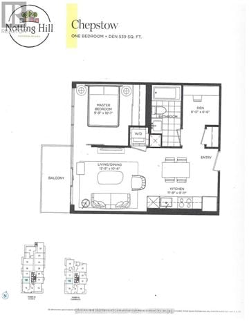Toronto (Humber Heights) condo for rent - A floor plan for a property at Notting Hill shows a one bedroom apartment with a living room, kitchen, and bathroom.