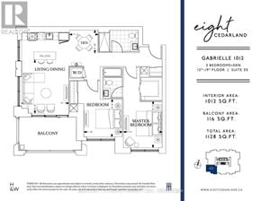 Markham (Unionville) condo for rent - A floor plan for a two bedroom, two bathroom apartment with a balcony.