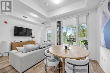 Toronto (Yorkdale-Glen Park) condo for rent - A modern living room with a wooden table and grey couch.