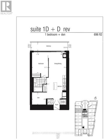 Toronto (Bay Street Corridor) condo for rent - A black and white floor plan of a suite with a bedroom, living room, kitchen, and bathroom.