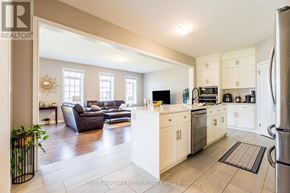 Kitchener apartment for rent - A well-lit, spacious kitchen and living room with white cabinetry and a dark brown couch.