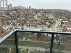 Mississauga (Mississauga Valleys) condo for rent - A view from a balcony of a residential area with the text "EXP REALTY, Brokerage" on the railing.