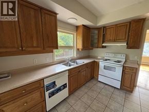 Vancouver apartment for rent - A kitchen with wooden cabinets and a white dishwasher.