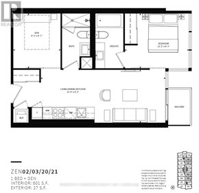 Toronto (Niagara) condo for rent - A black and white floor plan of a one bedroom apartment with a den.