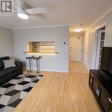 Ottawa condo for rent - A living room with a black couch and a checkered rug.