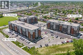 Windsor condo for rent - An aerial view of a neighborhood with buildings named The Montage, The Castillo, and The Tamina.
