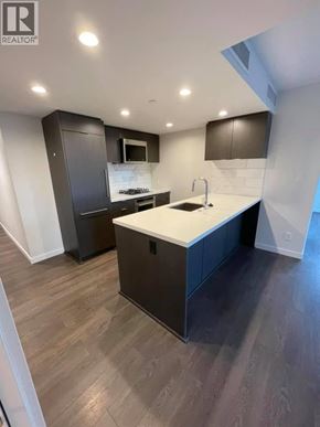 Vancouver apartment for rent - A modern kitchen with dark wood floors and a white countertop.