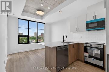 Ottawa condo for rent - A modern kitchen with a large window overlooking the city.