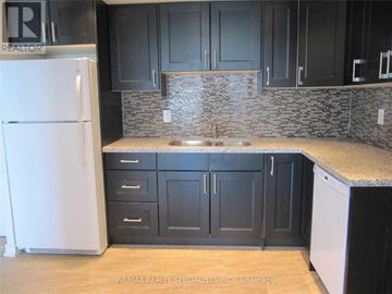 Mississauga (Cooksville) condo for rent - A kitchen with a white fridge and black cabinets.