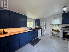 Copper Cliff apartment for rent - A kitchen with blue cabinets and a white ceiling.