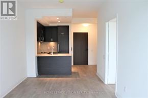 Toronto (Annex) condo for rent - A modern kitchen with black cabinets and a wooden floor.