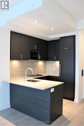 Toronto (Annex) condo for rent - A modern kitchen with dark wood cabinets and a white countertop.