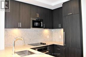 Toronto (Annex) condo for rent - A kitchen with dark wood cabinets and a marble backsplash.
