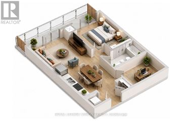 Toronto (Bayview Village) condo for rent - A 3D floor plan of a house with a living room, kitchen, and bedrooms.