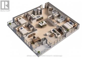 Toronto (Waterfront Communities) condo for rent - A 3D rendered image of a house layout with multiple rooms and furniture.
