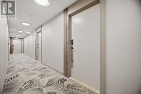 Mississauga (Hurontario) condo for rent - A hallway with a carpeted floor and a door on the right.