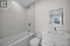 Kawartha Lakes (Lindsay) apartment for rent - A bathroom with a marble wall and a large mirror.