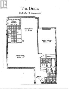 Toronto (Bay Street Corridor) condo for rent - A black and white image of a floor plan for an apartment named The Delta, sized 853 square feet.