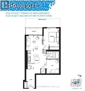 Markham (Unionville) condo for rent - A floor plan for a 1D+D 698 SQ.FT. property, showing a terrace and balcony area.