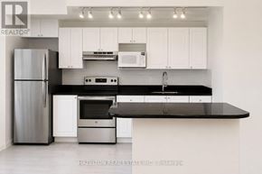Toronto (Rosedale-Moore Park) condo for rent - A modern kitchen with a refrigerator, microwave, oven, and sink.