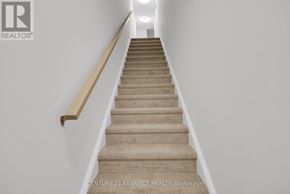 Guelph (Clairfields/Hanlon Business Park) townhouse for rent - A staircase with beige carpeted steps and a wooden handrail.