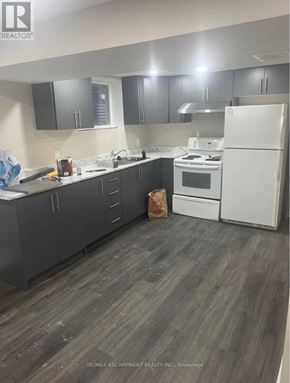 Hamilton (Lawfield) apartment for rent - A kitchen with a white fridge and black cabinets.
