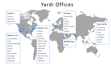 Austin apartment for rent - A map showing the global distribution of Yardi Offices in various cities across Canada, Western U.S., Eastern U.S., Europe, Middle East, and Asia Pacific.