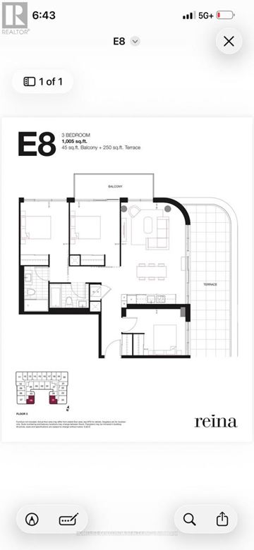 Toronto (Stonegate-Queensway) condo for rent - A floor plan of a 3 bedroom apartment is displayed.