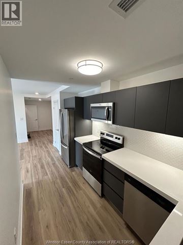Windsor condo for rent - A modern kitchen with black cabinets and a white countertop.