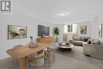 Mississauga (Clarkson) apartment for rent - A well-lit, modern living room with a dining table and chairs, a couch, and a television.