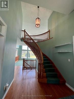 Guelph (Pineridge/Westminster Woods) apartment for rent - A wooden staircase with green carpeted steps leads to a balcony.