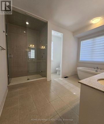 Pickering apartment for rent - A bathroom with a walk-in shower, toilet, and sink.