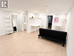 Toronto (Dovercourt-Wallace Emerson-Junction) apartment for rent - A black sofa sits in a white room with a ladder and a mirror.
