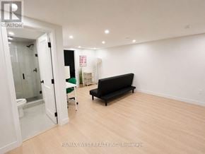 Toronto (Dovercourt-Wallace Emerson-Junction) apartment for rent - A room with a black couch and a glass door leading to a bathroom.