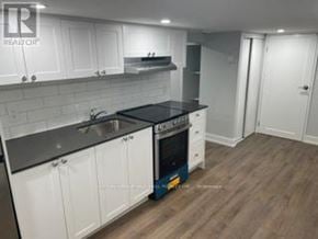 Toronto (New Toronto) apartment for rent - A kitchen with white cabinets and a black countertop.