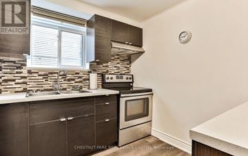 Toronto (Yonge-St. Clair) triplex for rent - A kitchen with a stone backsplash and a stove top oven.