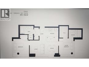 Vancouver apartment for rent - A floor plan of a house with a living room, two bedrooms, a kitchen, a dining room, a bathroom, a study, and an outdoor area.