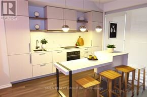 Toronto (Church-Yonge Corridor) condo for rent - A modern kitchen with a white countertop and wooden stools.